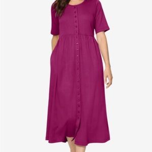 Button Front Essential Dress In Raspberry